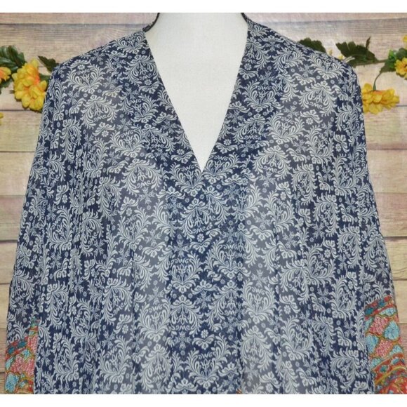 Renee C Top Women's M Blue Mixed Print Open Front Cardigan Boho Hipster Sheer - Picture 2 of 11